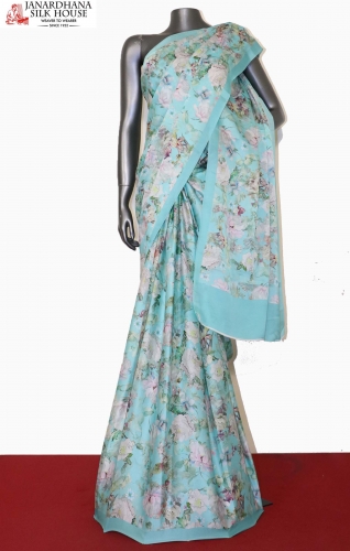 Designer Floral Prints Pure Satin Crepe Silk Saree 